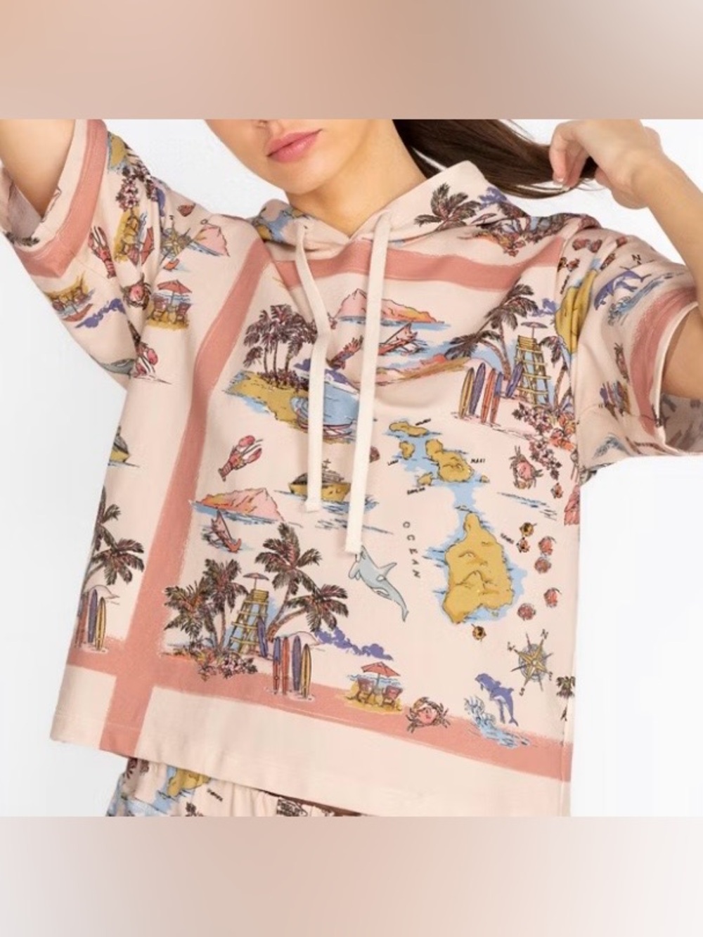 Johnny Was Surfer S/S Pale Pink Pullover Short Sleeve (Hawaii print) Hoodie - M